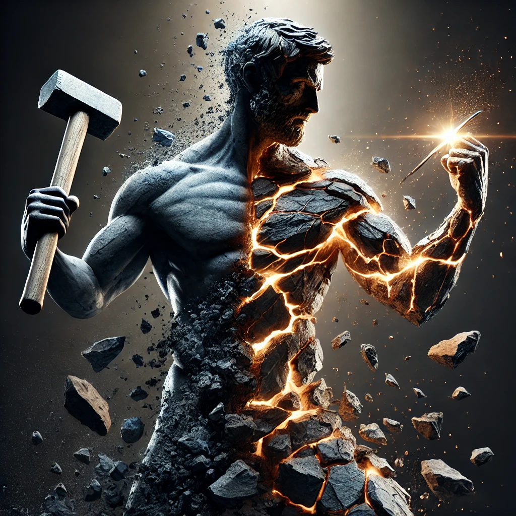 un homme qui se forge lui-même à partir de pierre et de métal, avec des détails intenses et un fort symbolisme de croissance personnelle et de discipline.