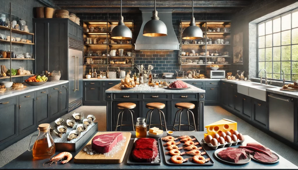 aliments riches en zinc d'origine animale, disposés sur un îlot central dans une cuisine masculine.