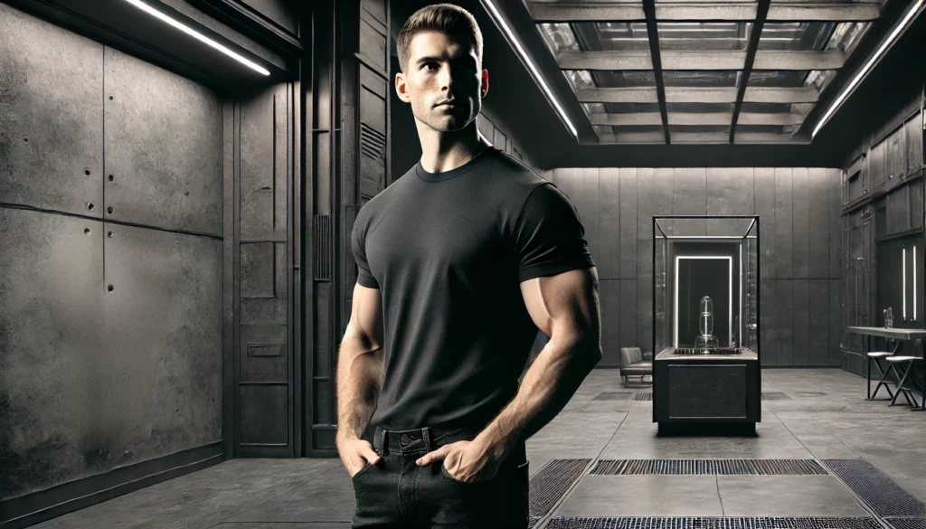 Un homme athlétique et confiant dans un environnement masculin sombre, habillé de manière décontractée, symbolisant l'énergie, la vitalité et la force physique associées à un niveau optimal de testostérone. L'image souligne la discipline et la puissance, dans un décor aux accents de bois et de métal.