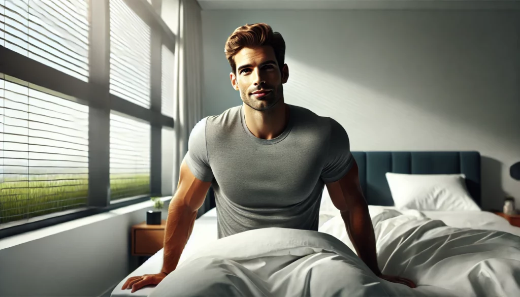 Un homme au réveil, reposé et plein de vitalité, dans une chambre moderne et lumineuse. Son expression confiante et énergique illustre l'importance d'un sommeil réparateur pour une santé et une testostérone optimales