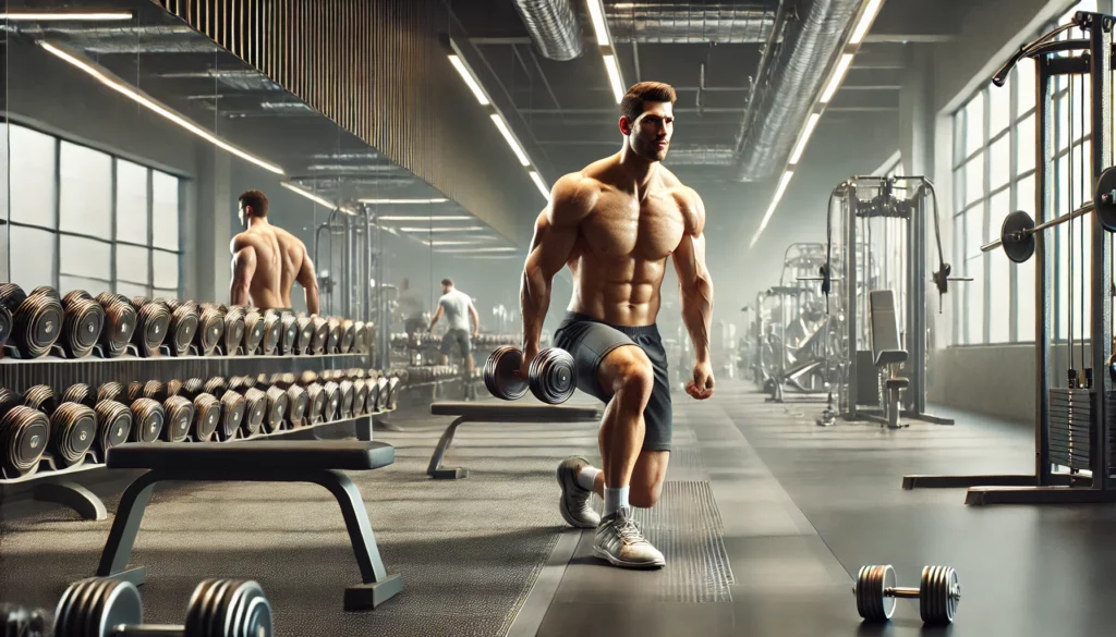 Un homme athlétique, torse nu, avec un haltère à la main, s'entraînant en salle de musculation pour stimuler sa croissance musculaire et sa production de testostérone.