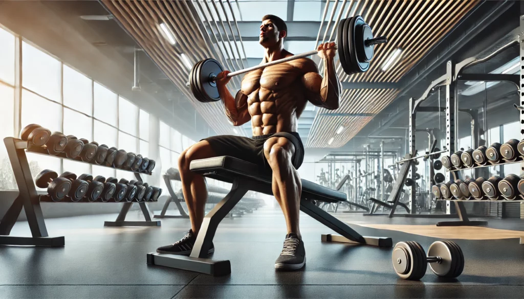 Un homme en plein entraînement dans une salle de sport, soulevant des poids lourds avec intensité et détermination. Il affiche une expression concentrée, symbolisant la force et l'effort physique, dans un environnement moderne et bien éclairé.