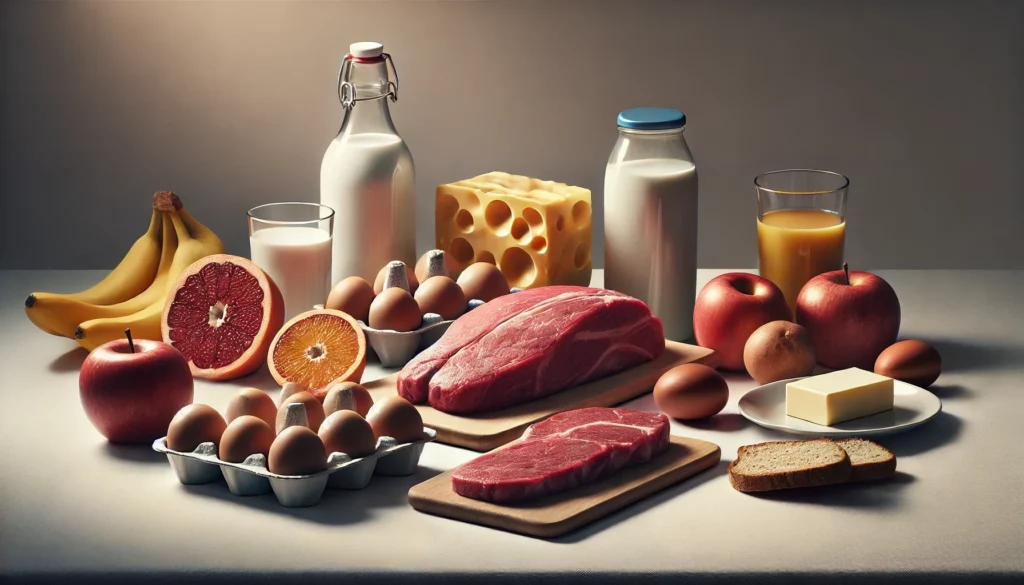 une sélection d'aliments optimisés pour booster la testostérone : des œufs, de la viande rouge, du beurre et du pain. Disposés sur une table minimaliste et bien éclairée, ces ingrédients riches en nutriments essentiels sont mis en valeur de manière simple et réaliste, renforçant leur lien direct avec une alimentation favorisant la production hormonale.
