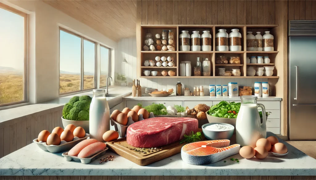 Un plan de cuisine moderne et minimaliste, avec divers aliments riches en protéines soigneusement disposés sur le comptoir. On y trouve un steak de bœuf, des œufs, du saumon, des filets de poulet, ainsi que des produits laitiers tels que du yaourt et du lait. La lumière naturelle met en valeur la fraîcheur et la qualité des ingrédients, illustrant l'importance d'une alimentation riche en protéines animales pour stimuler la testostérone et la croissance musculaire.