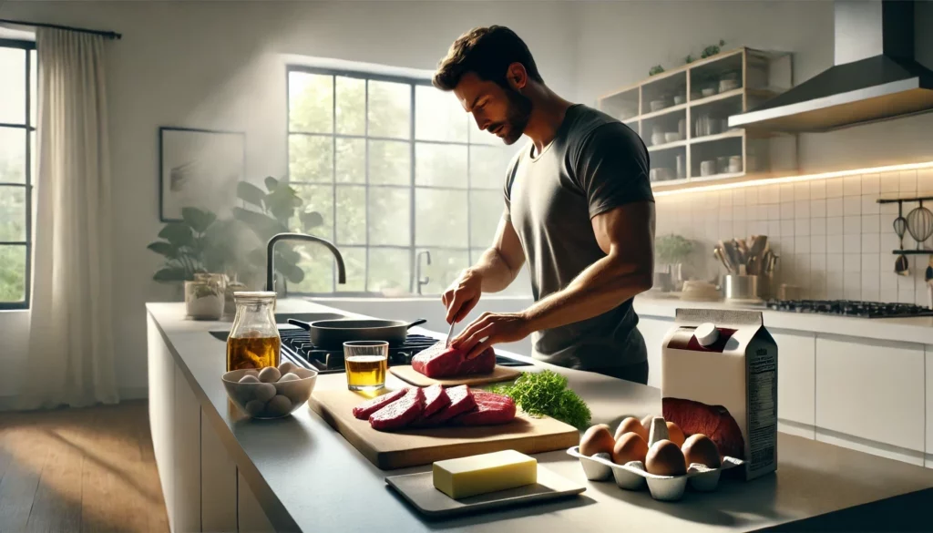 Un homme en pleine préparation de repas dans une cuisine moderne, en train de cuisiner des aliments riches en graisses saturées comme du bœuf nourri à l'herbe, des œufs et du beurre. La scène met l'accent sur les aliments frais et le processus de cuisine, reflétant une approche saine et active pour maximiser la testostérone grâce à une alimentation équilibrée.