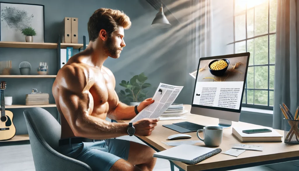un homme musclé et en bonne santé travaillant à un bureau dans un environnement moderne. Cette image met l'accent sur l'idée de prendre le contrôle de sa santé masculine, dans un cadre propre et réaliste